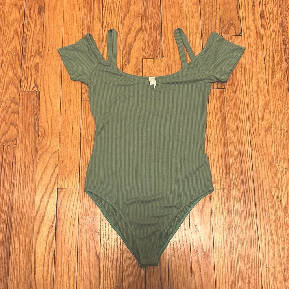 Urban Outfitters OUT FROM UNDER Sage Green Ribbed Off Shoulders BODYSUIT Medium